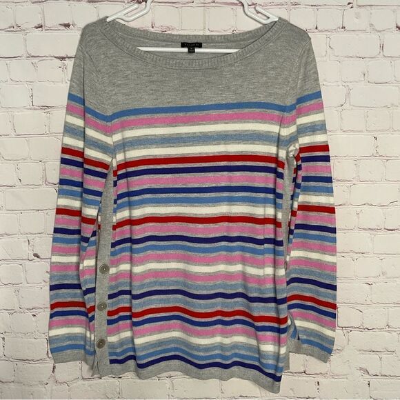TALBOTS Womens SIDE BUTTON GRAY & MULTI-STRIPE BATEAU NECK SWEATER Cotton Size M - Picture 3 of 7
